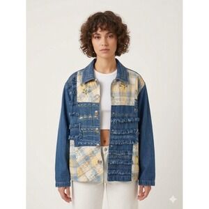 Vintage Longaberger Jean Jacket Small Denim Patchwork Embroidery Floral‎ Fringe